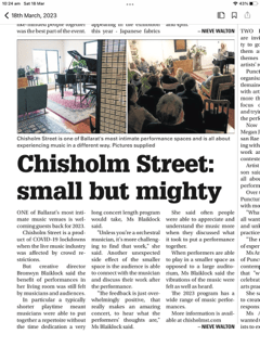 A newspaper article with the title, "Chisholm St: small but mighty", published in The Courier in March 2023."